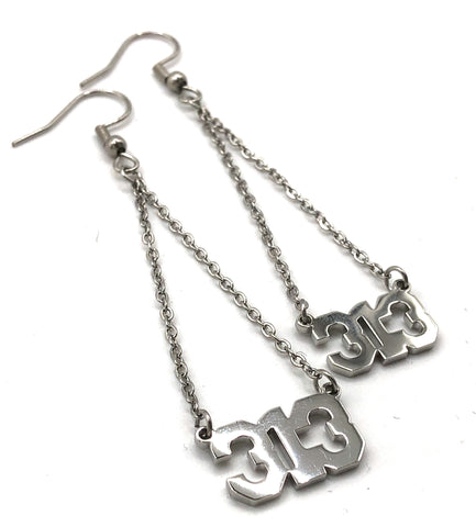 Stainless Steel 313 Dangle Earrings, Detroit Area Code Block Script Chain Drop Earrings