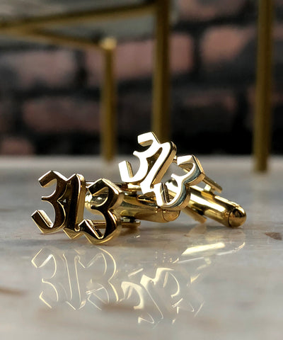 313 Cufflinks, Gold Plated Stainless Steel Old English Script Detroit Area Code Cuff Links
