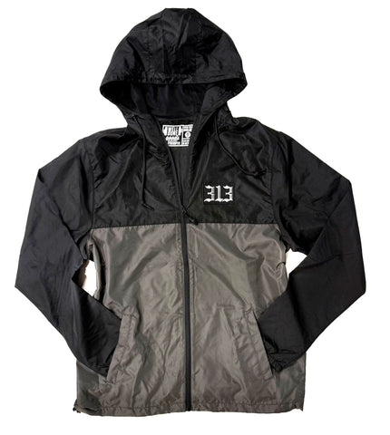 313 Zip Windbreaker. Black & Graphite Colorblock Hooded Wind Breaker Jacket