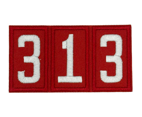 313 Troop Number Patch, Red & White. Iron-on Embroidered Patch
