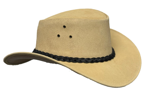 Light Tan Suede Cowboy Hat: "Buttermere". Leather Aussie Outback Style Hat