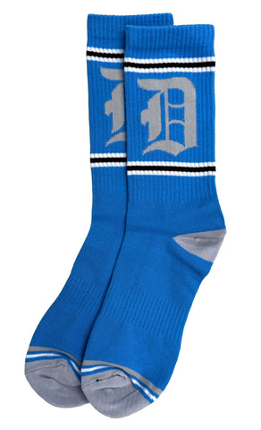 Detroit Old English D Socks. Blue & Grey Crew Cut Gym Socks, by Well Done Goods