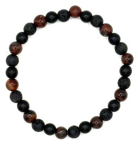Triple Power: Red Tiger's Eye, Black Obsidian, and Lava Stone Bead Mala Bracelet