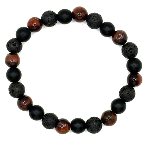Round beaded bracelet with black and brown stones on a white background