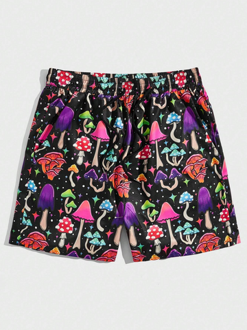 Trippy Mushroom Print Shorts, Black/Multicolor