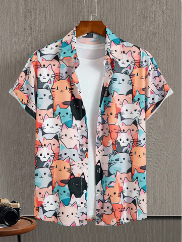 Anime Kitty Cat Button Up Shirt, MEOW MEOW! Colorful Cats