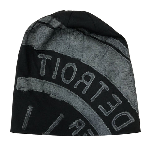 BLack Manhole Cover Slouchy Cotton Beanie Cap, Spirit of Detroit