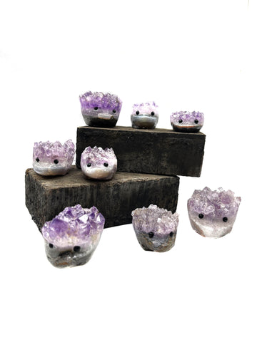 Amethyst Hedgehog Sculptures. Hand Carved Amethyst Crystal Hedgehogs