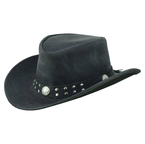 Arizona Waxed Black Leather Cowboy Hat With Silver Conchos, Crazy Horse Western Style