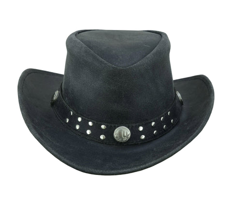Waxed Black Leather Cowboy Hat, Silver Conchos: "Arizona." Crazy Horse Leather Western Style