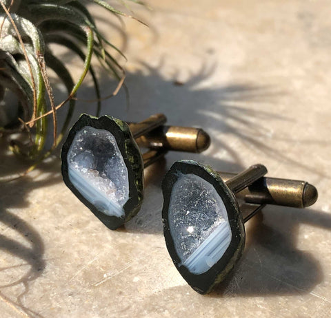 Blue Grey Agate Chalcedony Tabasco Geode Cufflinks - antique brass french cuff hardware