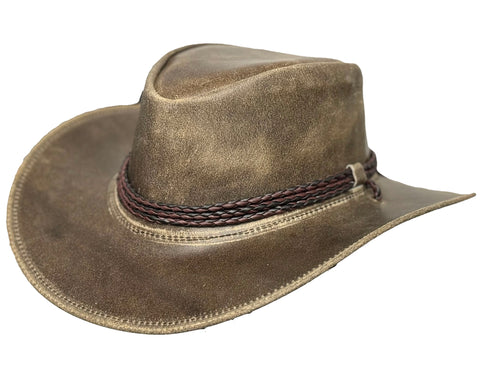 Dark Tan Waxed Leather Cowboy Hat: "Banjo". Crazy Horse Leather Western Style