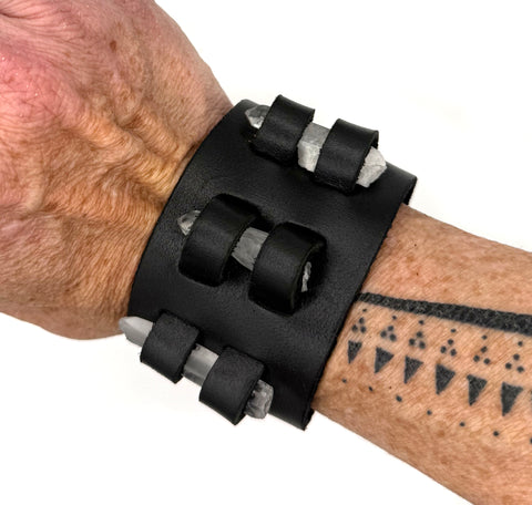 Leather Double Band Crystal Holder Cuff Bracelet - with quartz points, by Atlas Goods