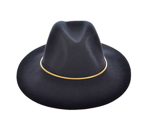 black wool fedora, brass tube embellishment