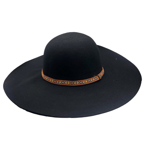 Black Wool Wide Brim Hat with Western Style Band, Floppy Black Wool Hat.