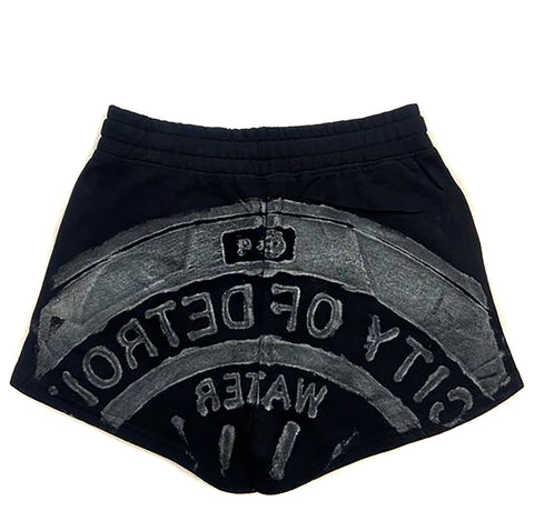 French Terry Manhole Cover Shorts, Black - Spirit of Detroit Print