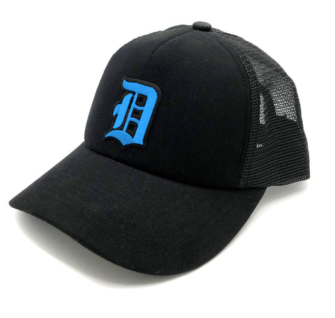 Detroit Old English D Trucker Cap, black hat / blue patch - curved or flat bill style