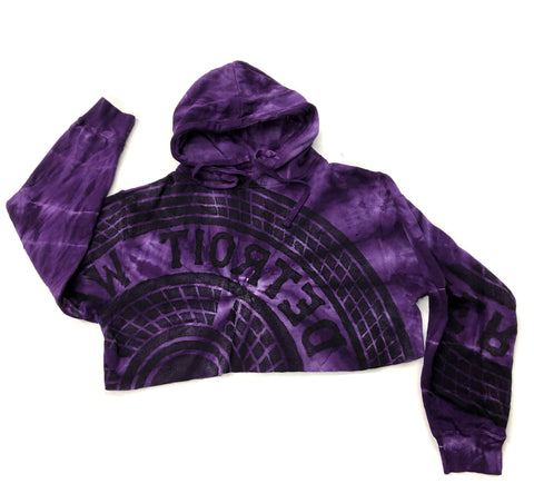 Purple Tie Dye Cropped Hoodie. Manhole Cover Women's Crop Pullover - Detroit Tire Print.