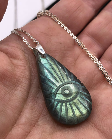 Labradorite Carved Evil Eye Stone Pendant Necklace, Sterling Silver. Medium or Large