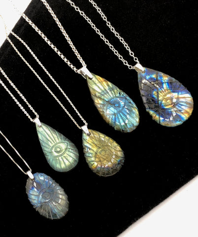 Labradorite Carved Evil Eye Stone Pendant Necklace, Sterling Silver. Medium or Large