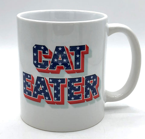 Cat Eater Ceramic Coffee Mug, red, white and blue on white.