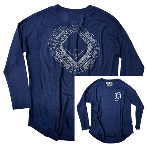 Old Tiger Stadium, Navin Field Blueprint Long Sleeve Shirt, Navy Hacci Knit Light Sweater