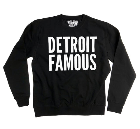 Black sweatshirt with 'Detroit Famous' text on a white background