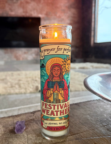 Perfect Festival Weather in Detroit Prayer Candle. 8' Saint Style Church Devotional Votive, by Well Done Goods
