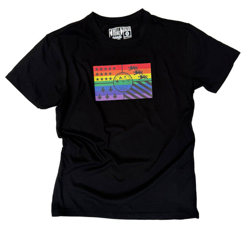 Detroit PRIDE Flag T-Shirt. Rainbow flag, black unisex crew neck tee