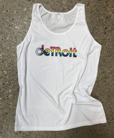 Detroit Pride Unisex Tank Top. Rhythm & Progress Rainbow Flag white tank top