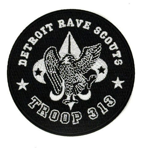 Detroit Rave Scouts Troop 313 Round Patch, Black & White. Iron-on Embroidered Patch