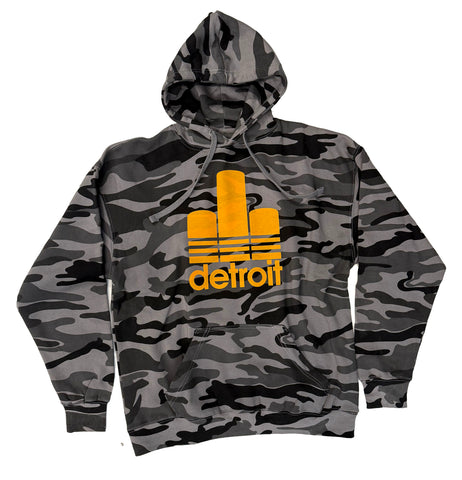 Detroit Renaissance Trefoil Pullover Hoodie. Limited Edition Black & Grey Urban Camo / Orange Print