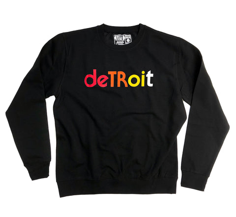 Black sweatshirt with 'deTROit' in multicolor text on a white background