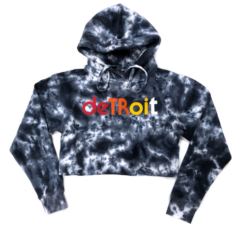 Detroit Rhythm Composer Black & White Tie Dye Cropped Hoodie. Women's Cropped Pullover Sweatshirt