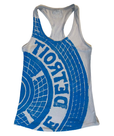 Manhole Cover Women's Tank Top, Detroit Tire Print. Honolulu Blue on Athletic Grey - Football Fan Inspired!