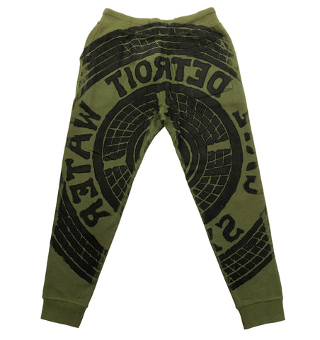 Detroit Tire Manhole Print Pants, Jogger Sweatpants - Military Green