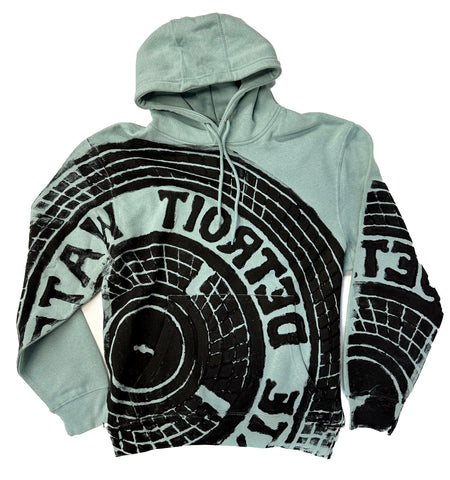 Manhole Cover Pullover Hoodie, Sea Foam Fleece - Detroit Tire Print