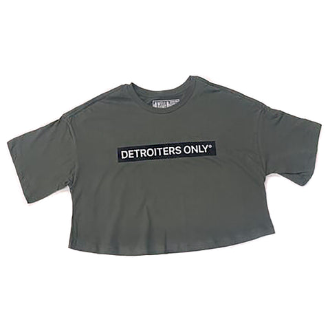 Detroiters Only Cropped T-Shirt, 80s Logo Parody, Olive Green
