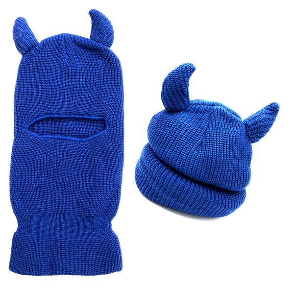 Devil Horns Knit Ski Mask, Royal Blue Balaclava w/ Stuffed