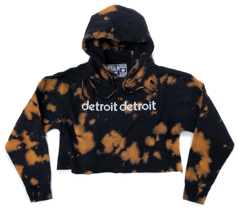 Digital Detroit Bleach Tie Dyed Cropped Hoodie. Reverse Dye Digi Detroit Pixel Script, "Detroit Detroit"