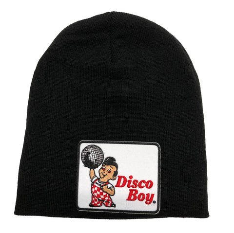 Disco Boy Beanie. Embroidered Patch Skullcap, Black Brimless Beanie