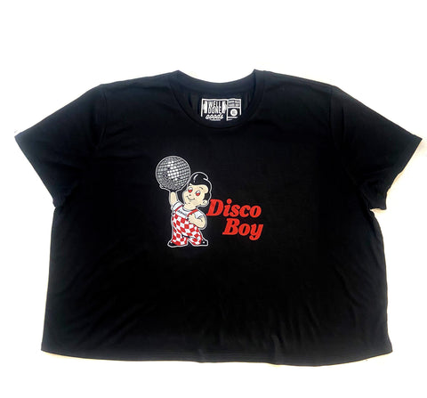 Disco Boy Cropped T-Shirt, Black. Women's sizing