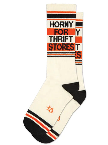 Horny For Thrift Stores Gym Crew Socks, by Gumball Poodle. Made in USA!
