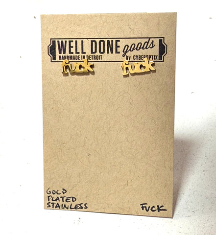Tiny Bubble Letter "Fuck" Stud Earrings. Gold or white gold studs