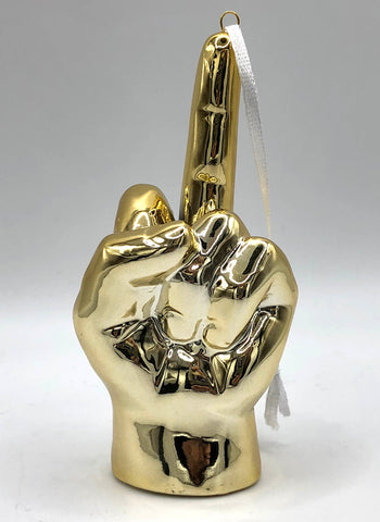 Holiday Middle Finger Ornament - gold glazed ceramic Christmas tree flipping bird