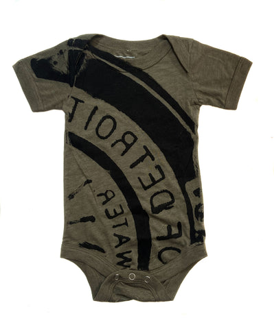 Manhole Cover Baby Oneise, Spirit of Detroit Print on Olive Triblend Heather.