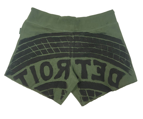 Manhole Cover Women's Raw Edge Fleece Shorts, Military Green - Detroit Tire Print
