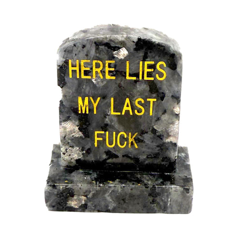 Carved Gemstone Headstone, "Here Lies My Last Fuck" - Larvikite Gravestone