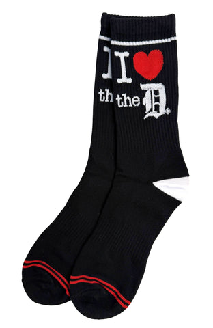 Black socks with 'I ❤️ th the D' text and heart design on a white background