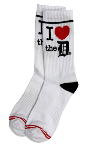 White socks with 'I ❤️ the D' text and red heart on a white background